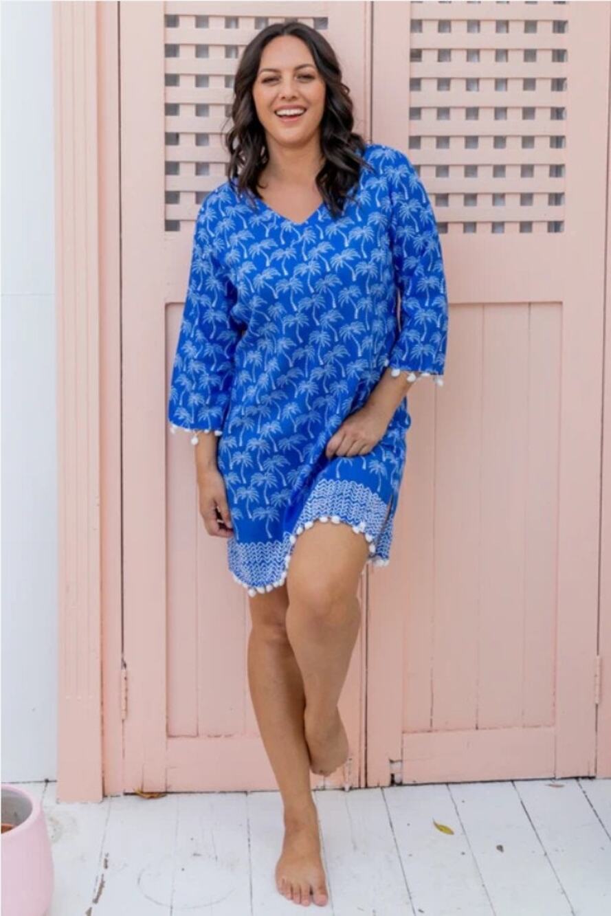 West Indies Wear Blue Palm-Print V-Neck Pom Trim Swim Coverup Tunic